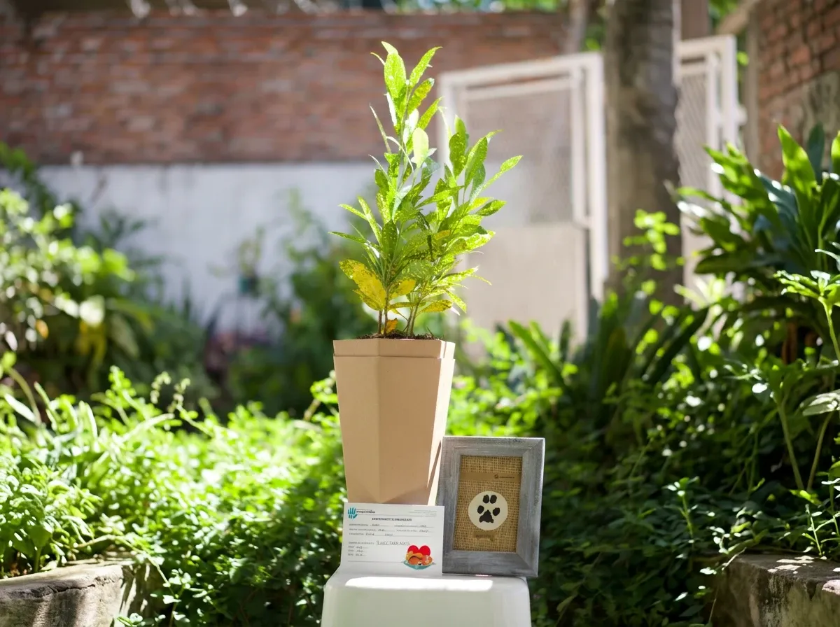 Urna Foresta de cartón con un plantín de crotón, junto al certificado de cremación y la huella enmarcada, en un jardín