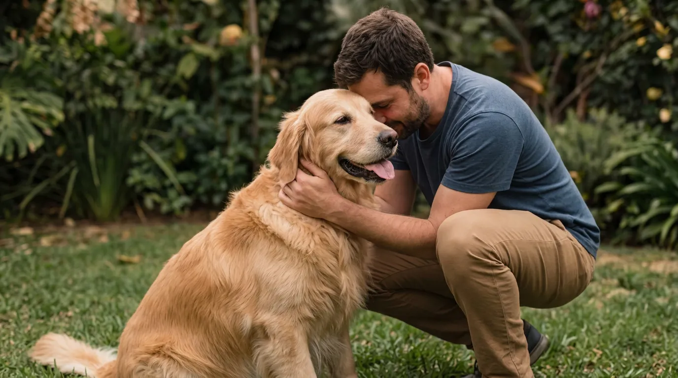 Un hombre abraza a su perro en el jardín