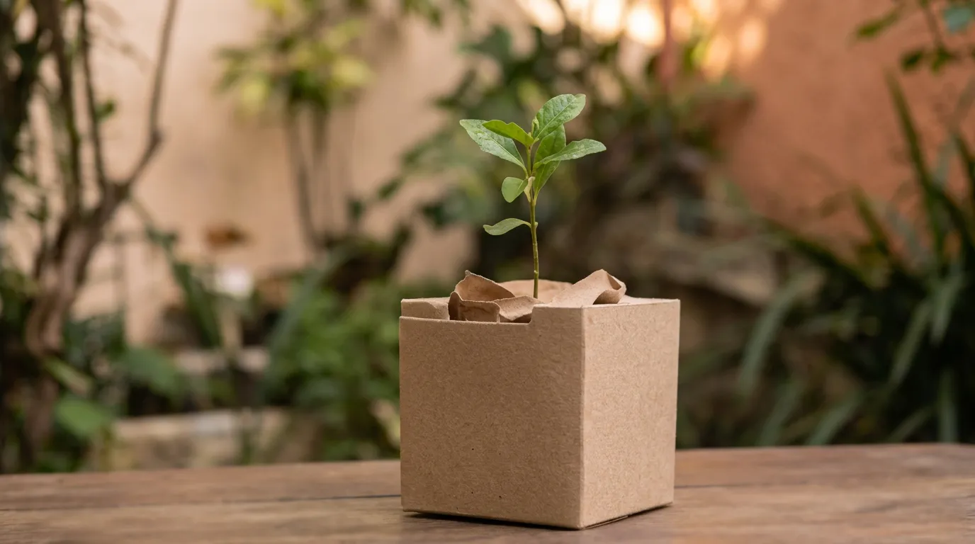 Urna biodegradable de cartón con un plantín joven, en un jardín