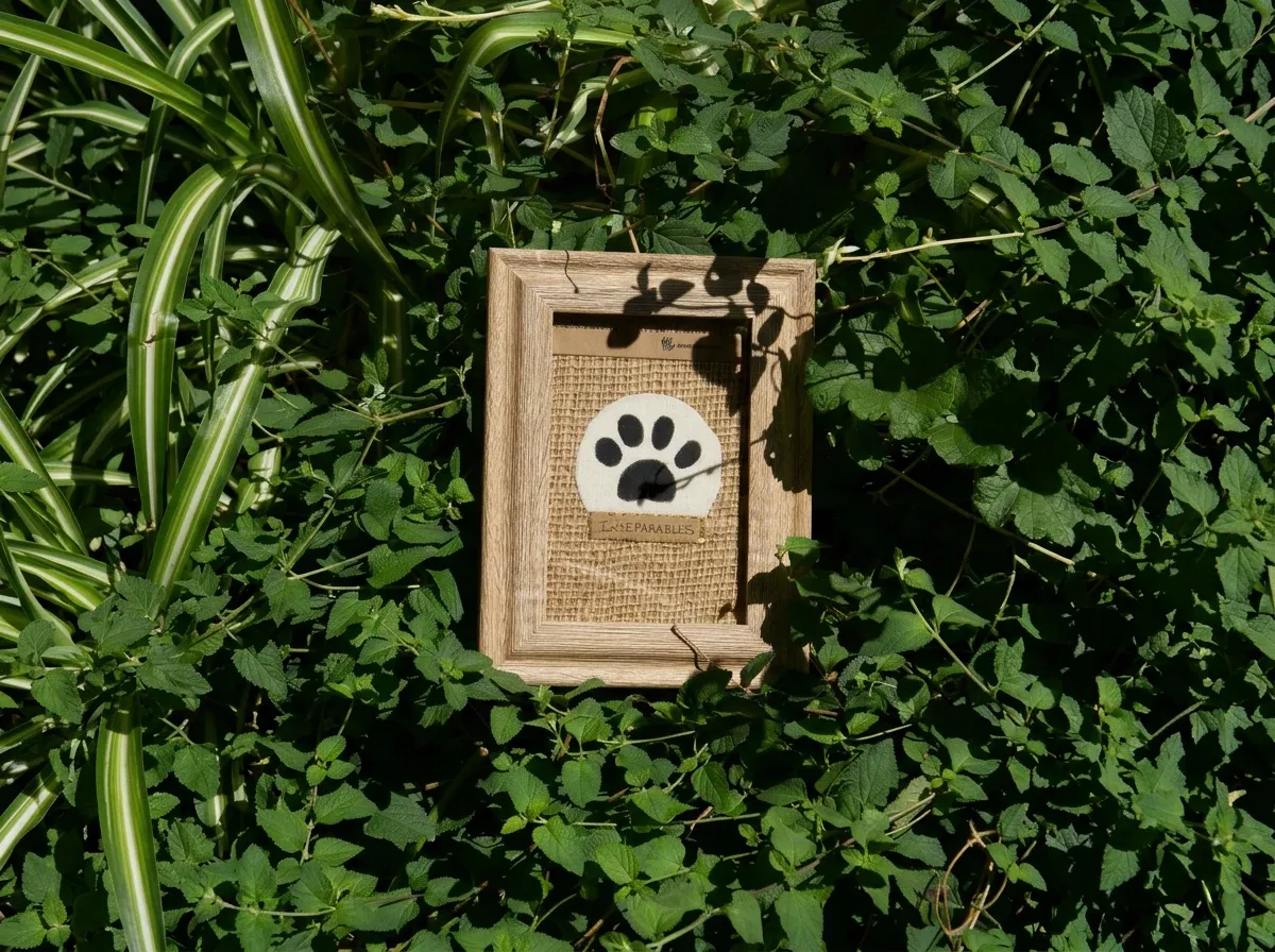 Huella conmemorativa de Inseparables: la impronta de una patita sobre tela, en un marco de madera